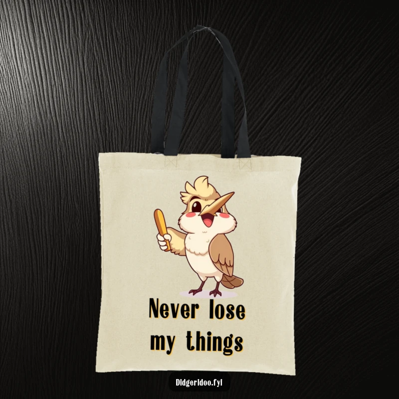 Funny kookaburra character joyfully tossing a boomerang, pictured on a durable tote bag for stylish and humorous carrying.